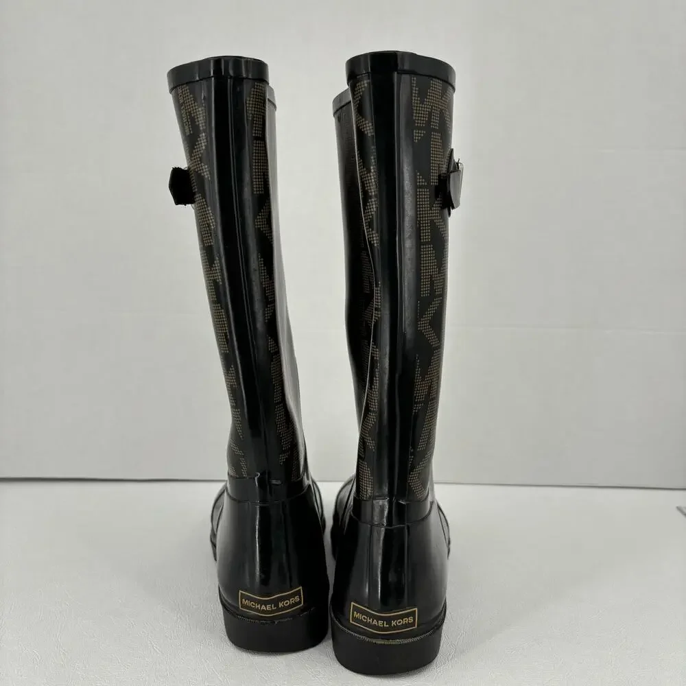 Michael Kors Tall Rain Boots Women's Size 7 Black Signature Logo Waterproof - Picture 11 of 13
